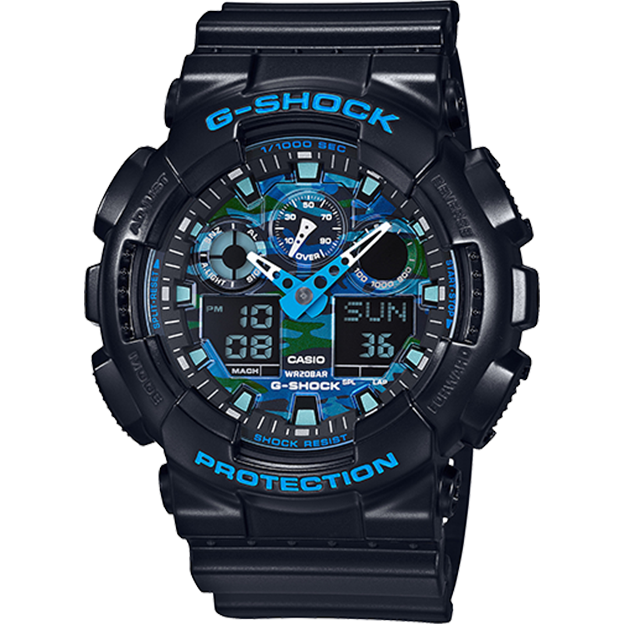 Casio G-Shock Ani/Digi Black With Blue Camo Dial GA100CB-1A