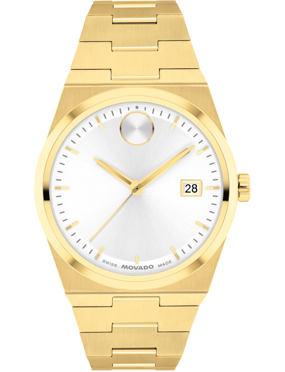 Movado BOLD Quest 35mm gold-tone white dial watch, model 3601187