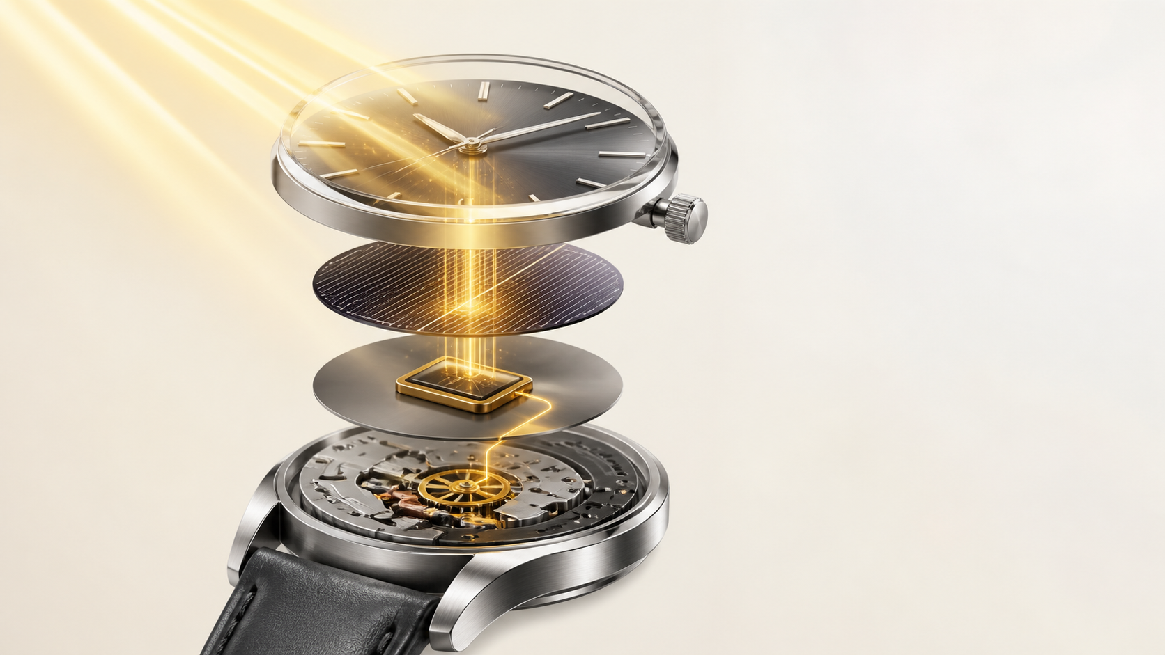  Exploded view showing light powering a solar watch’s cell, energy storage, and movement.