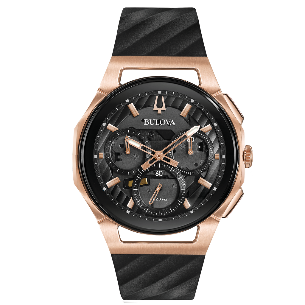 Bulova - Men's Curv Chronograph Watch - Rose Gold Tone with Rubber Strap
