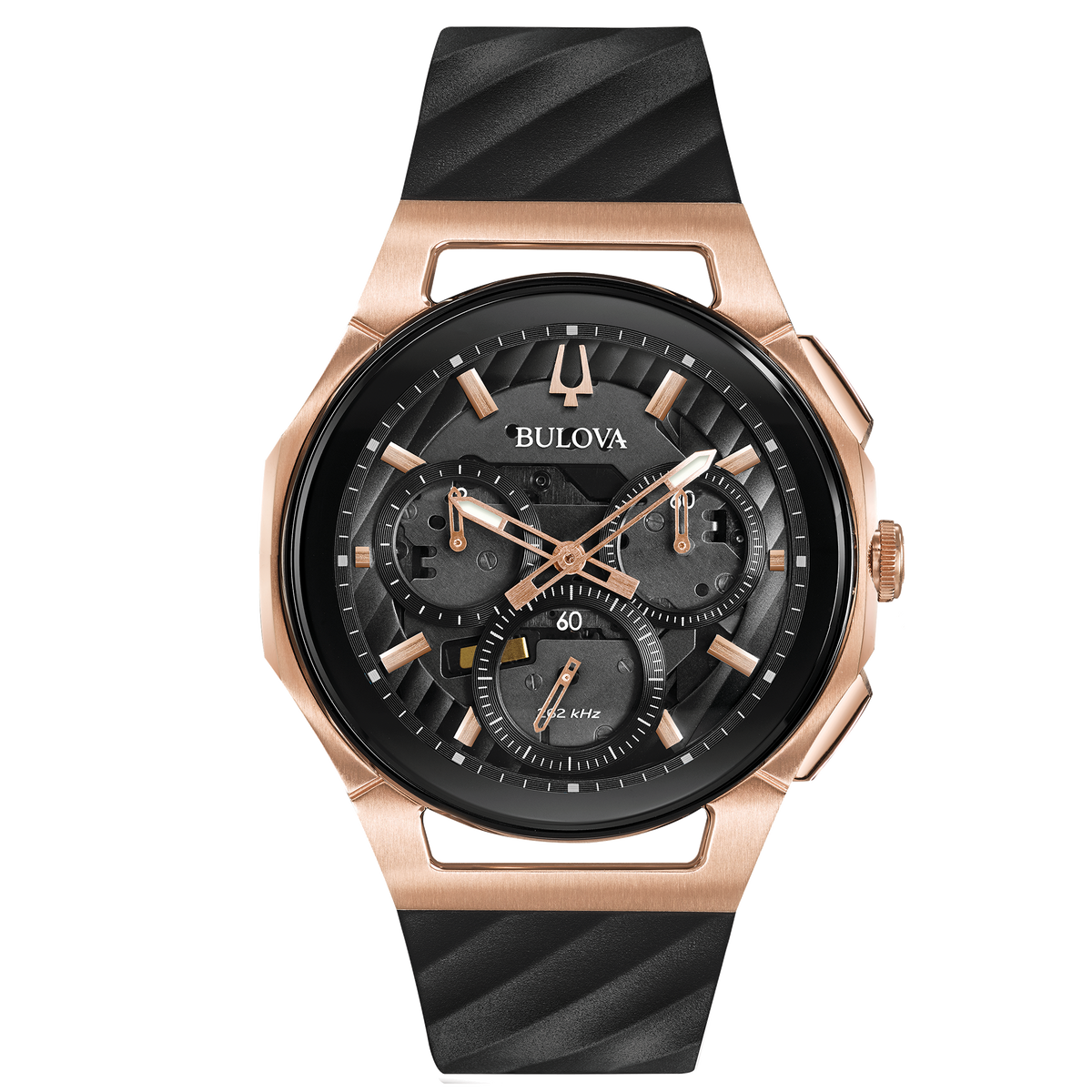 Bulova - Men&#39;s Curv Chronograph Watch - Rose Gold Tone with Rubber Strap