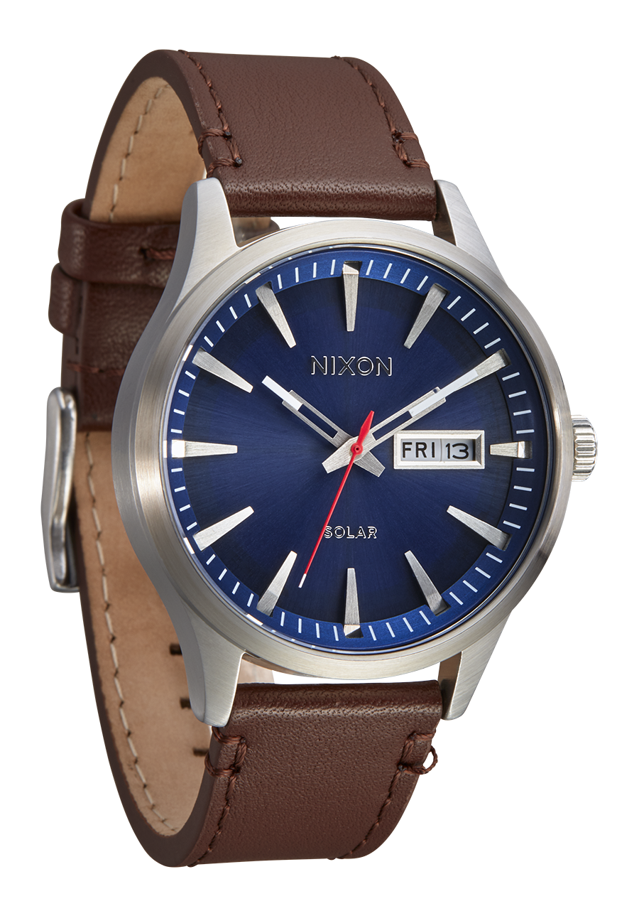 Nixon Sentry Solar Leather Navy SUnray Silver A1347 5091