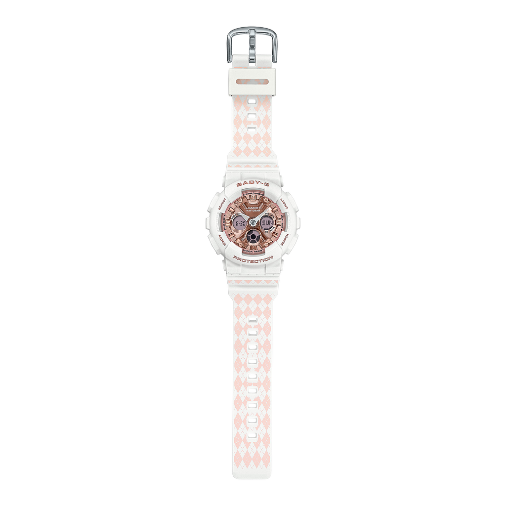 Casio Baby G - Ani/Digi - White & Pink Argyle BA130SP-7A Casio Baby G - Ani/Digi - White & Pink Argyle BA130SP-7A