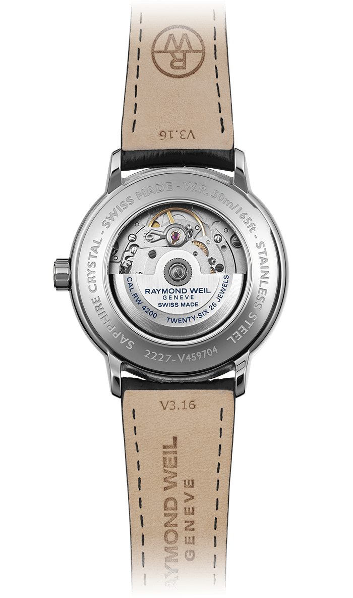 Raymond Weil Watch - MAESTRO Men&#39;s Black Open Aperture Watch, 39mm steel on leather strap