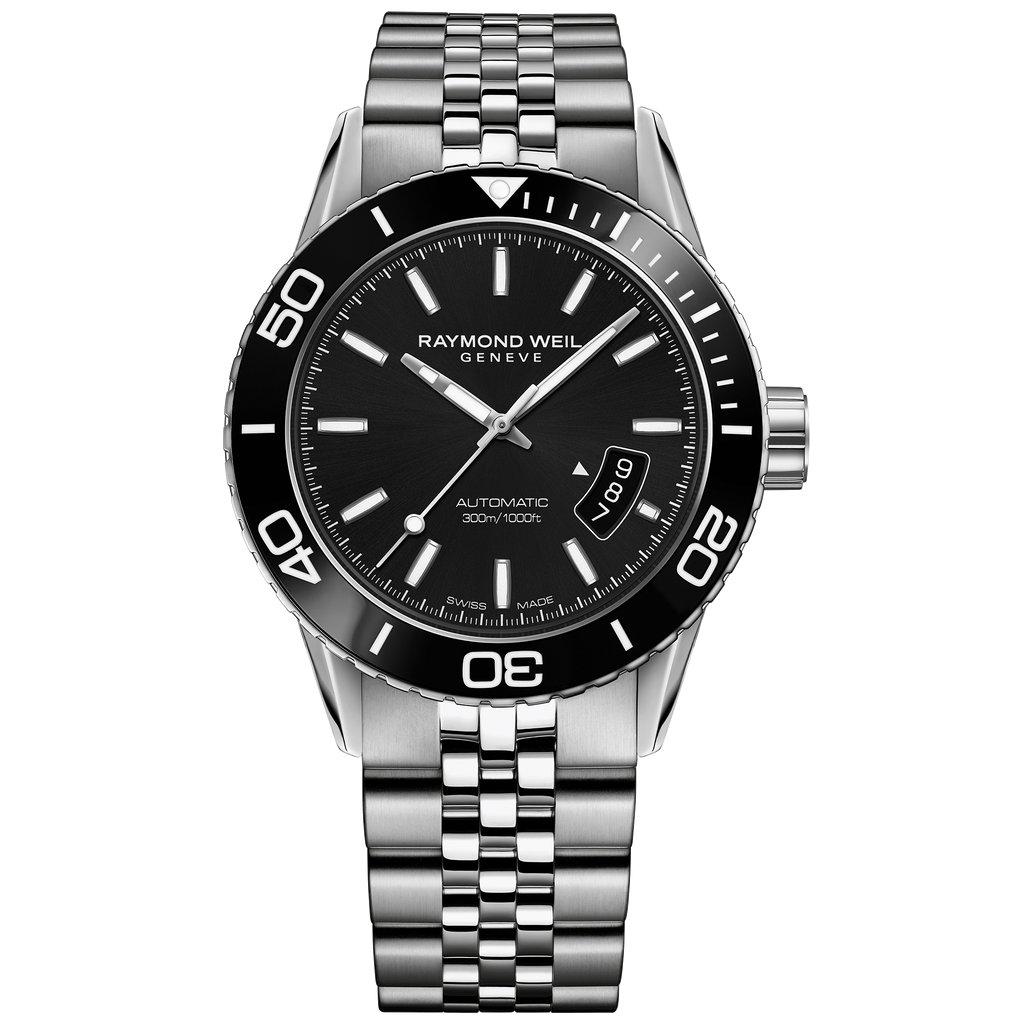 Raymond Weil Watch - FREELANCER Men's Automatic Diver Watch, 42mm steel on steel, black dial