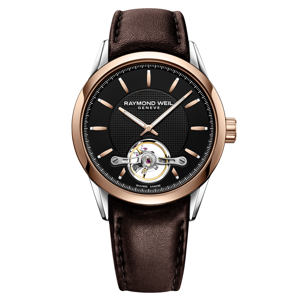 Raymond Weil Watch -FREELANCER Men's Automatic Open Aperture Watch, 42mm steel on steel, black dial, rose gold PVD