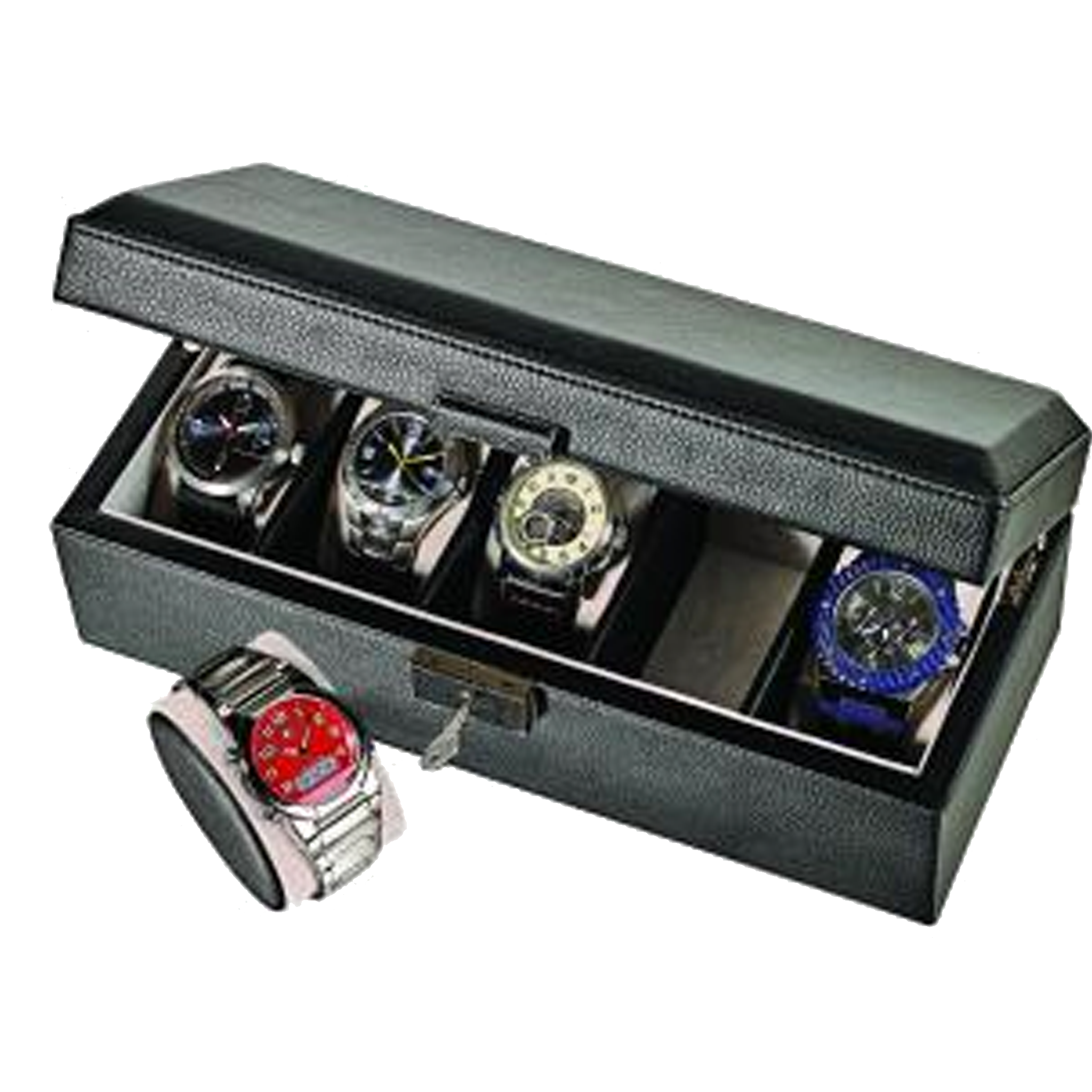 Alpine Black Leatherette Watch Box with Pocket (For 5 watches)