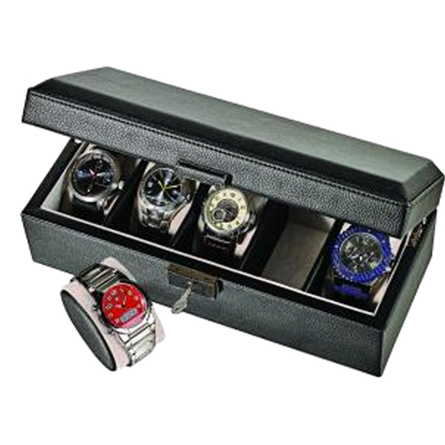 Alpine Black Leatherette Watch Box with Pocket (For 5 watches)