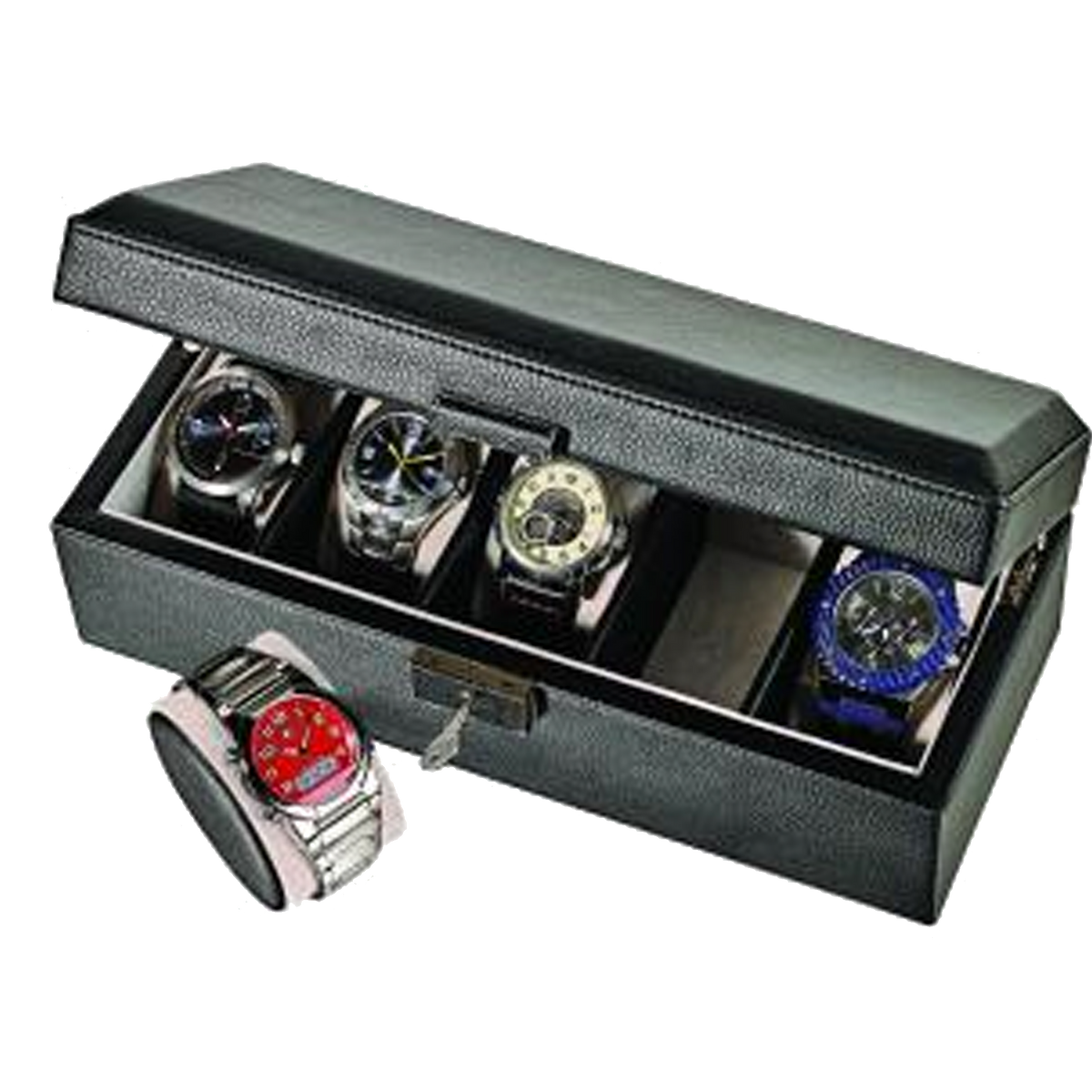 Alpine Black Leatherette Watch Box with Pocket (For 5 watches)